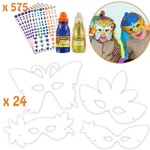 24 masques + 575 gommettes+ 1 flacon Gel Pailleté + 1 peinture pailletée