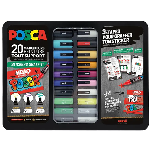 Coffret métal de 20 marqueurs Posca pointes assorties - Stickers Graffiti Coffret métal de 20 marqueurs Posca pointes assorties - Stickers Graffiti