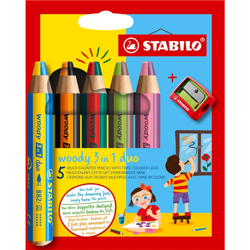 Crayon de couleur multi-talents bicolore Stabilo Woody 3 in 1 - 5 crayons + 1 taille-crayon Crayon de couleur multi-talents bicolore Stabilo Woody 3 in 1 - 5 crayons + 1 taille-crayon