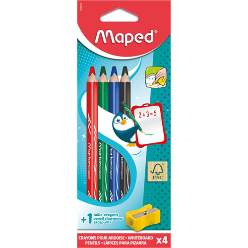 Crayons ardoise en bois Marker’peps wood Maped effaçables à sec – 4 + 1 taille-crayons Crayons ardoise en bois Marker’peps wood Maped effaçables à sec – 4 + 1 taille-crayons