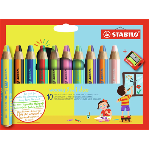 Crayons de couleur multi-talents bicolore Stabilo Woody 3 in 1 - 10 crayons + 1 taille-crayon Crayons de couleur multi-talents bicolore Stabilo Woody 3 in 1 - 10 crayons + 1 taille-crayon