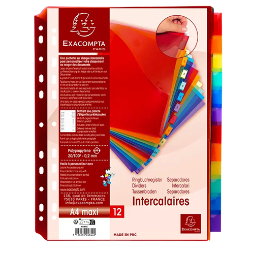 Intercalaires Exaclair avec pochette polypropylène 12 positions A4 maxi Intercalaires Exaclair avec pochette polypropylène 12 positions A4 maxi