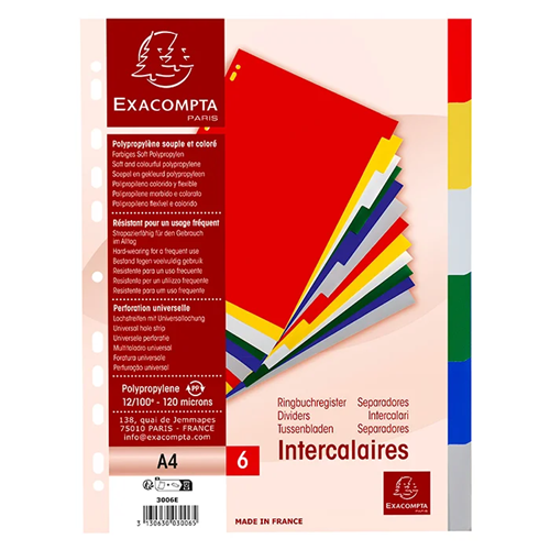 Intercalaires Exaclair polypropylène souple A4 6 positions Intercalaires Exaclair polypropylène souple A4 6 positions