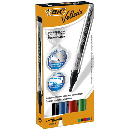 Marqueurs Encre Liquide Bic Velleda Pointe Moyenne - Etui de 4 Marqueurs Encre Liquide Bic Velleda Pointe Moyenne - Etui de 4