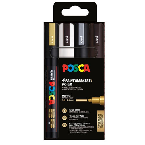 Pochette 4 marqueurs Posca moyenne PC5M - Noir, Blanc, Argent, Or Pochette 4 marqueurs Posca moyenne PC5M - Noir, Blanc, Argent, Or