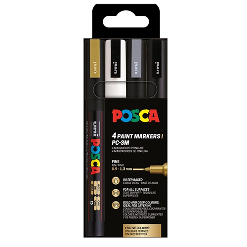 Pochette 4 marqueurs Posca pointe fine PC3M - Noir, Blanc, Argent, Or Pochette 4 marqueurs Posca pointe fine PC3M - Noir, Blanc, Argent, Or
