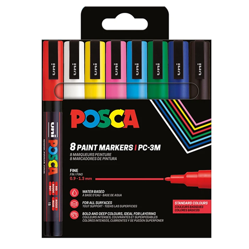 Pochette 8 marqueurs Posca pointe fine PC3M - Couleurs basique assorties Pochette 8 marqueurs Posca pointe fine PC3M - Couleurs basique assorties