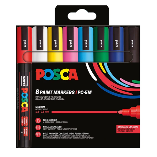 Pochette 8 marqueurs Posca pointe moyenne PC5M - Couleurs basique assorties Pochette 8 marqueurs Posca pointe moyenne PC5M - Couleurs basique assorties